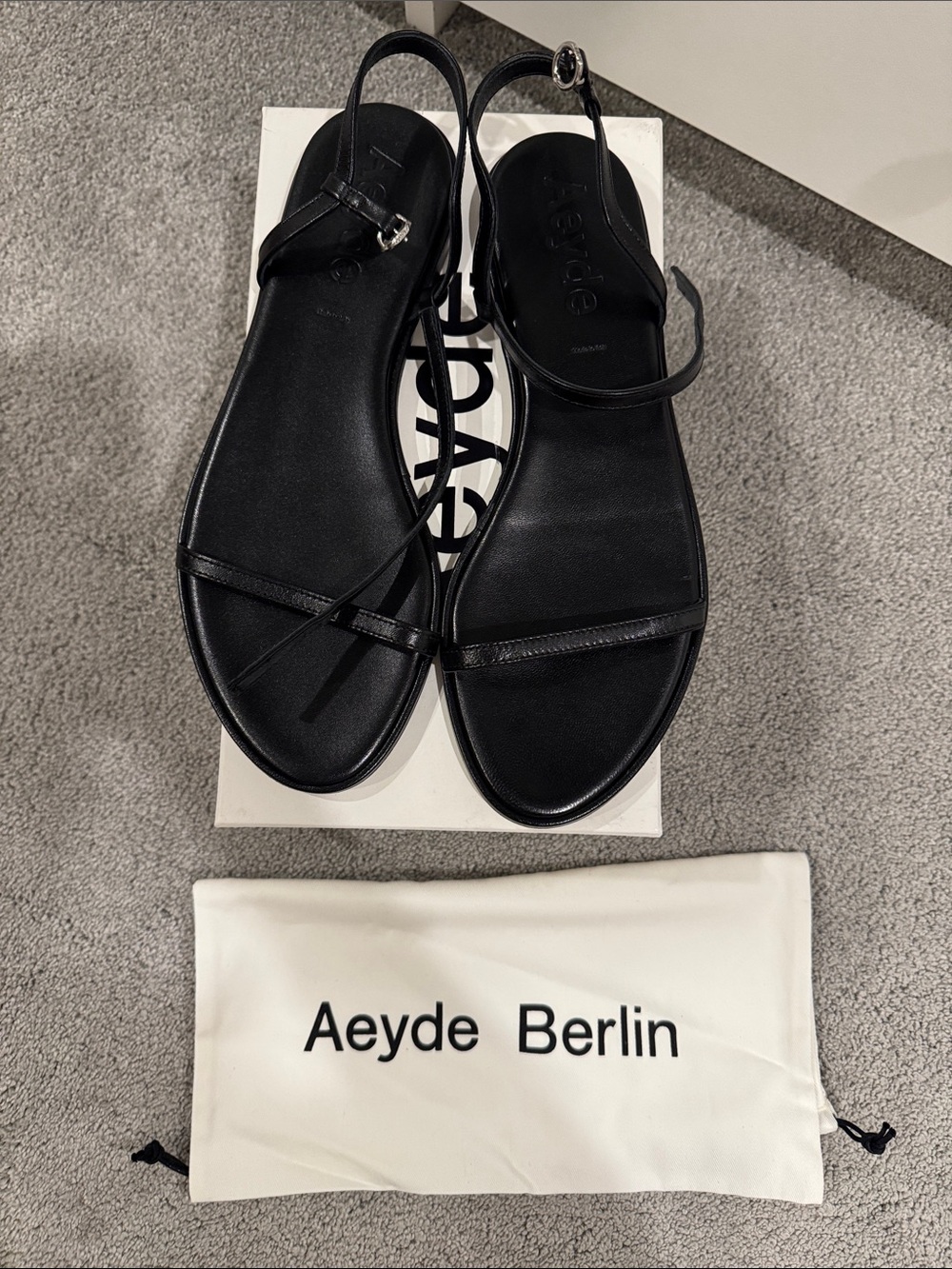 Aeyde Black Leather Strappy Slingback Sandals
